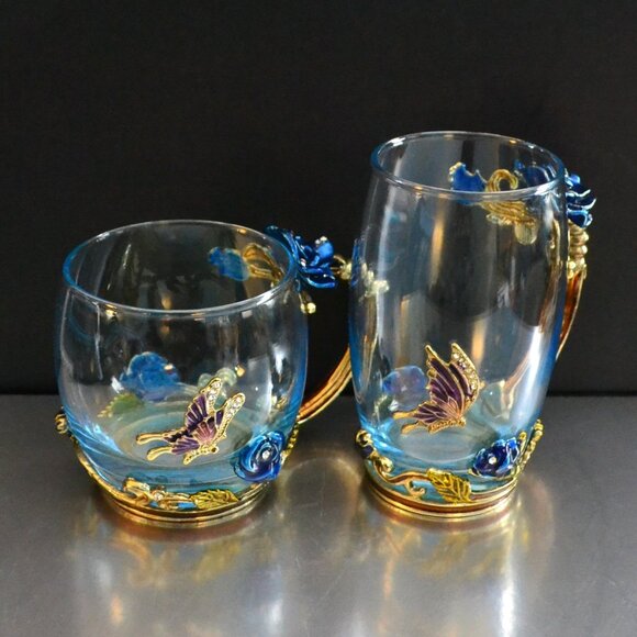 Arc Of France Clear Glass Mugs With Enamel Details Decorative Glassware - Picture 1 of 8